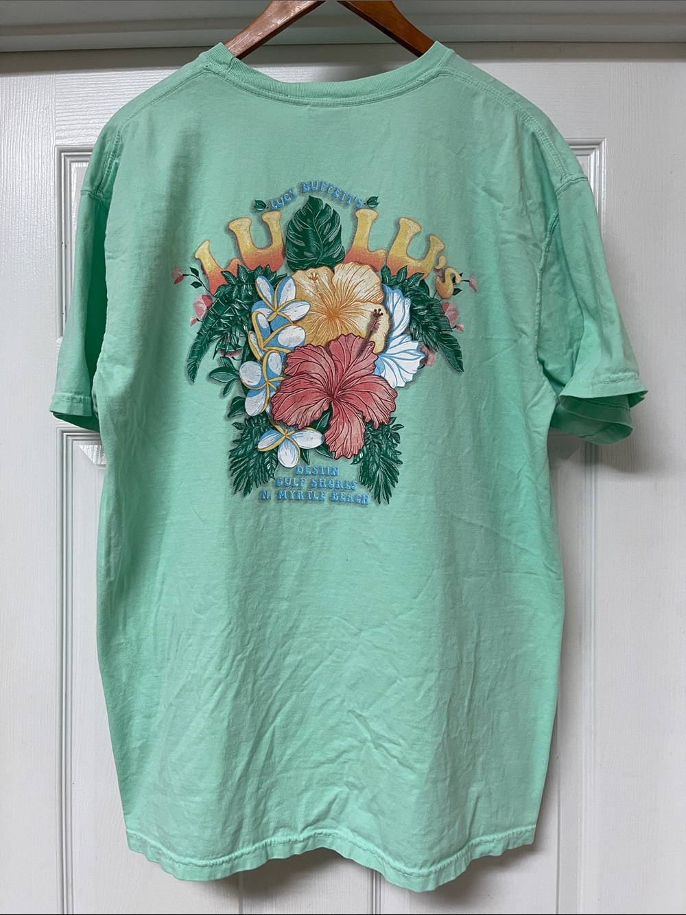 Lucy Buffett Lulus Mint Green Short-Sleeve Tee with Tropical Floral Back Graphic